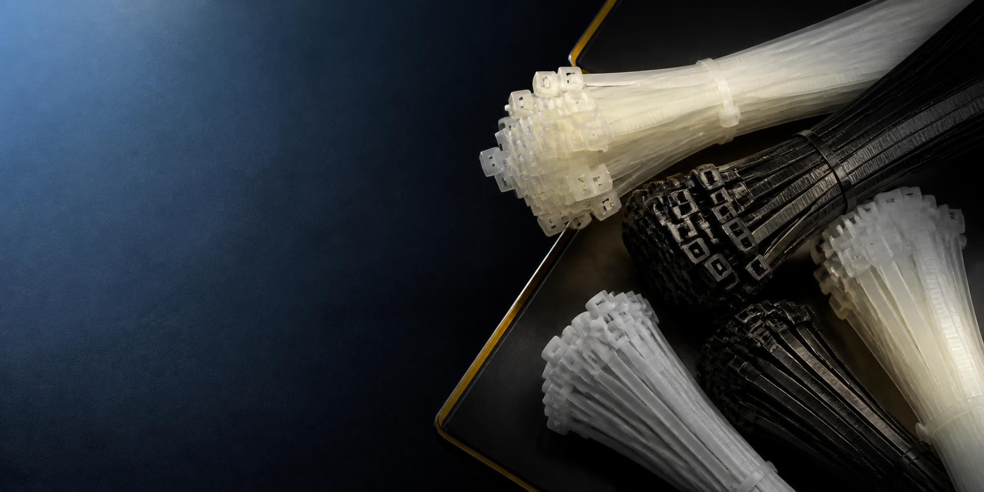 Bundles of nylon cable ties in natural and black finish